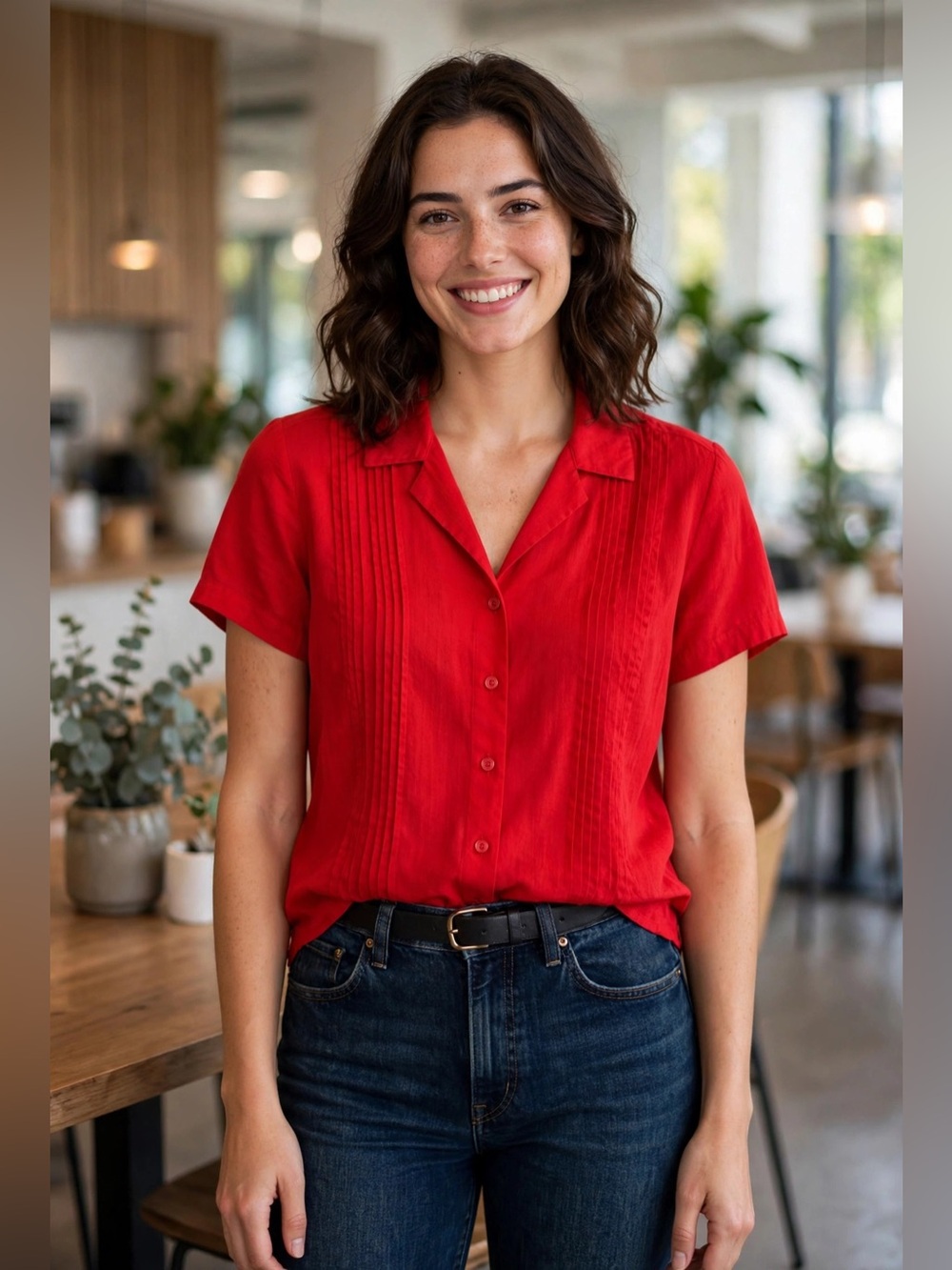 Dana Buchman Red Short-Sleeve Button Down Blouse
